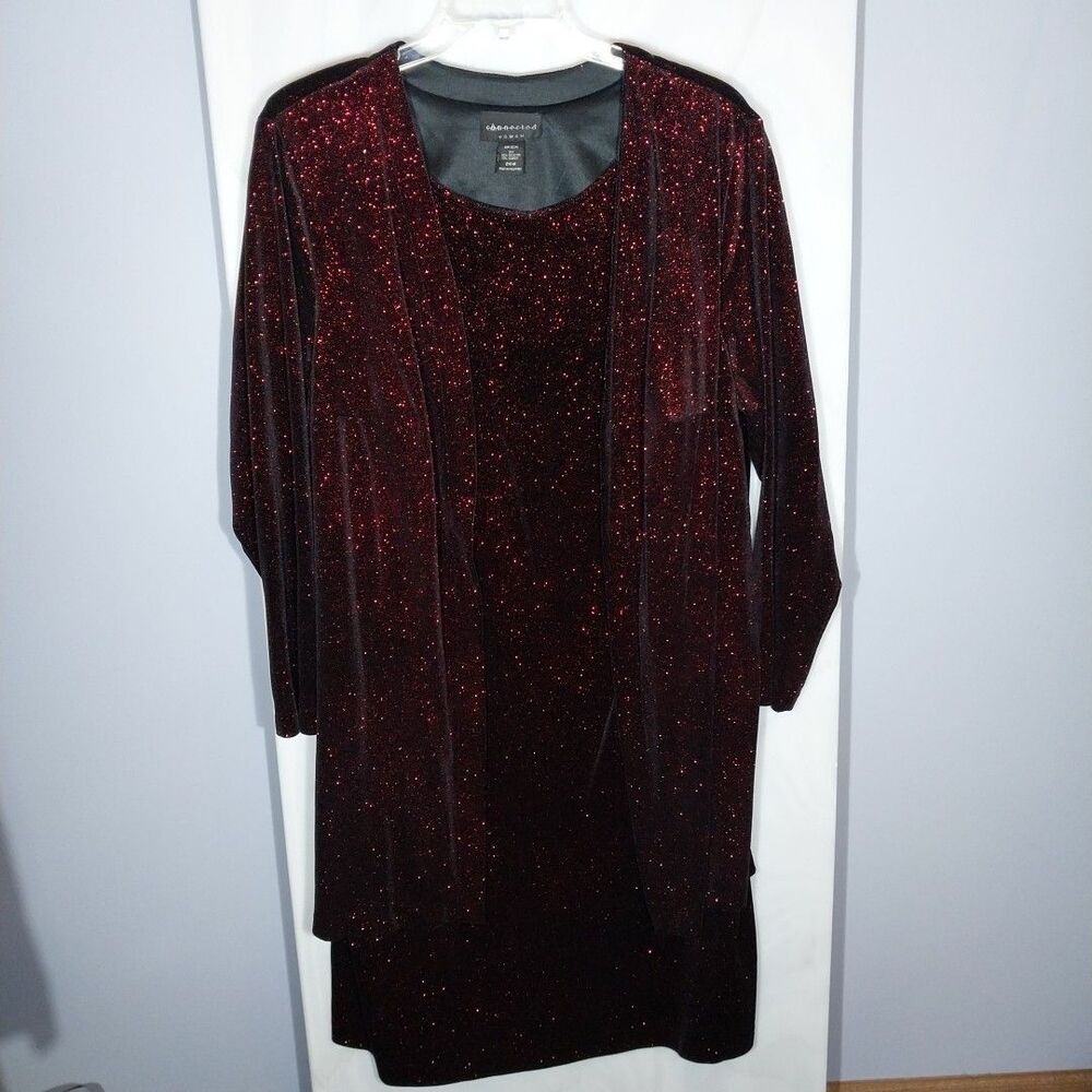 Connected Woman 24W Glitter Overlay Dress Red Black Stretch Velvet Formal